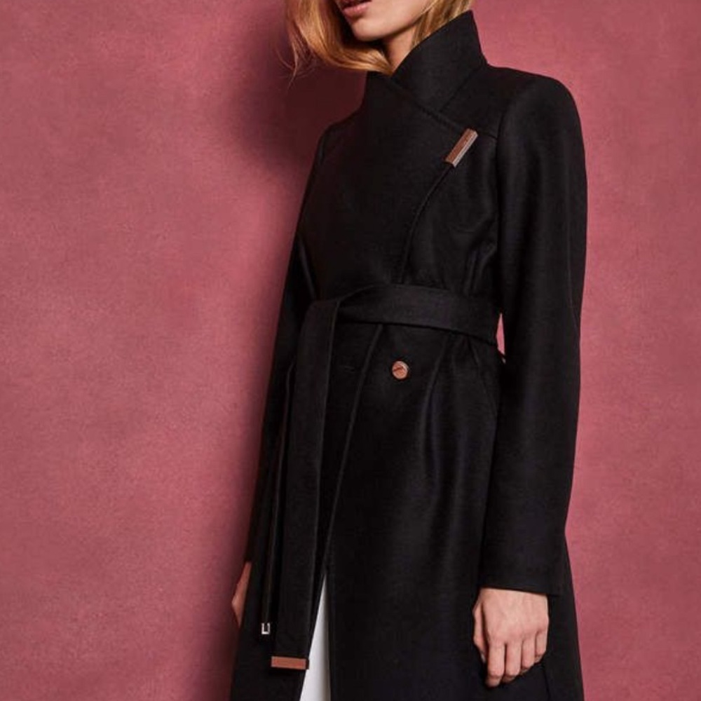Ted Baker-Midi Wool Wrap Coat - Sandra, black wool, rose gold hardware | size 3